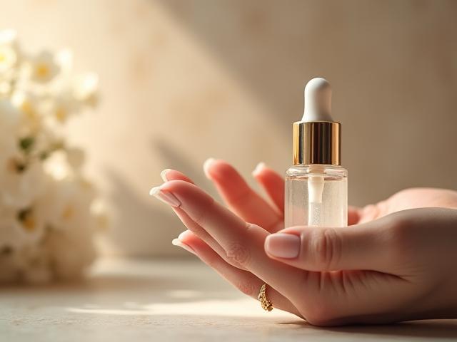 Une main féminine tenant délicatement un produit de beauté dans un environnement épuré, symbolisant la qualité et la curation.