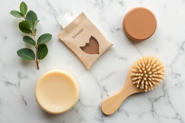 Un ensemble de produits cosmétiques naturels sur une surface en bois clair, sans plastique, avec un accent sur le minimalisme et l'écologie.