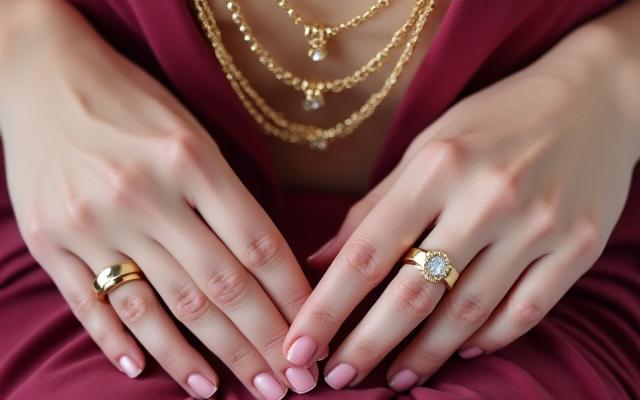 Mains élégantes portant un ensemble de colliers de différentes longueurs et de fines bagues dorées, illustrant l'art du layering.