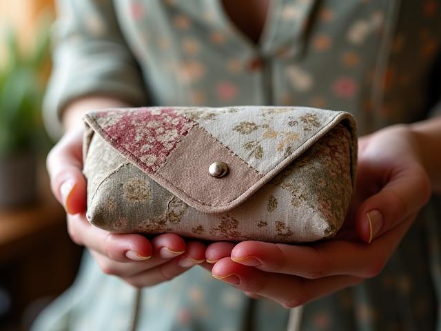 Gros plan sur une Pochette Upcyclée faite de tissus à motifs vintage, mis en valeur sous une lumière naturelle.