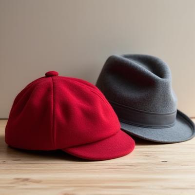 Un béret en laine rouge et un fedora en feutre gris en composition sur un portant de mode.