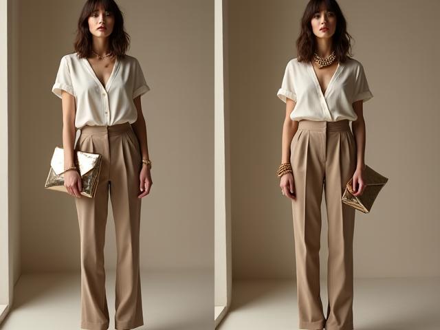 Une image côte à côte montrant une femme avec un look de bureau simple, puis le même look transformé pour un dîner avec l'ajout de bijoux audacieux et d'une pochette de soirée.