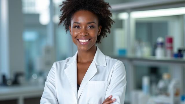 Portrait d'une dermatologue ou formulatrice avec des outils de laboratoire, souriant.