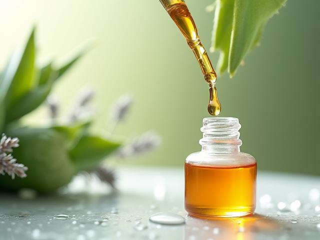 Gros plan sur un flacon de sérum botanique haut de gamme avec des feuilles séchées et des gouttelettes d'huile.