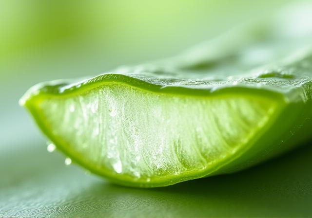 Gros plan sur une coupe d'une feuille d'Aloe Vera révélant le gel apaisant