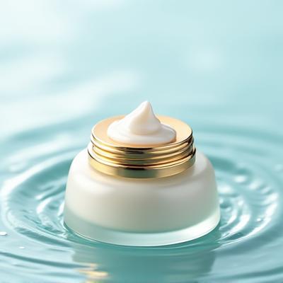 Crème anti-âge marine dans un pot élégant, texture perlée en vue rapprochée