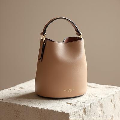 Sac à main en cuir beige clair de l'édition limitée, avec des finitions en métal doré délicates.