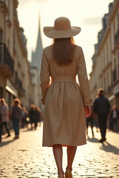 Modèle portant un long manteau d'été beige et un chapeau de paille devant le Sacré-Cœur à Montmartre.