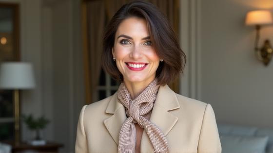 Couverture vidéo montrant une styliste Brise Blanche souriante, portant un manteau léger et un foulard, prête à donner des conseils.