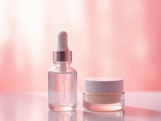  Gros plan d'un flacon de sérum lumineux et d'un highlighter crémeux, capturés avec une lumière douce et réfléchie pour accentuer l'effet 'glow'.