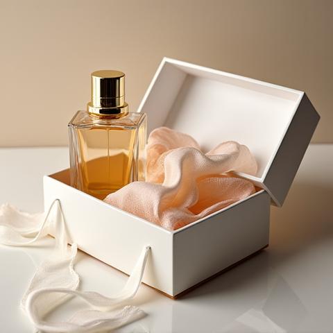 Coffret de luxe avec un foulard en soie et un parfum grand format.