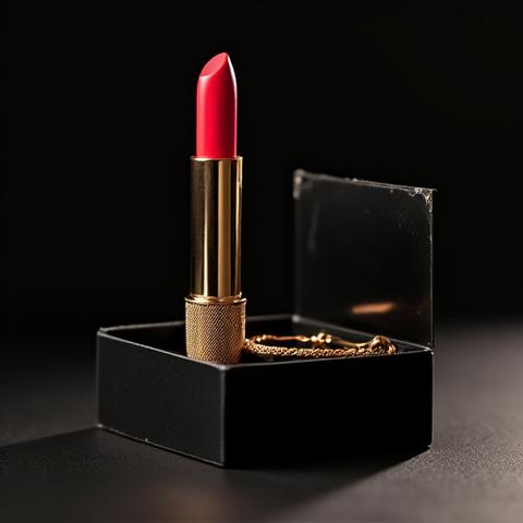 Coffret cadeau contenant un rouge à lèvres, un parfum miniature et des bijoux discrets.
