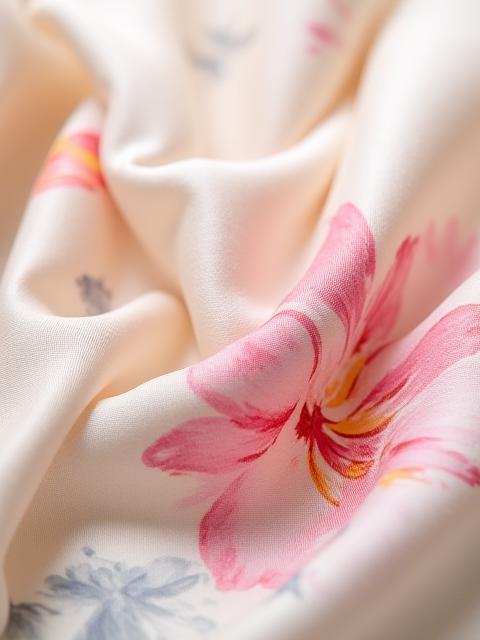 Foulard en soie imprimé floral pastel, noué pour montrer la texture.