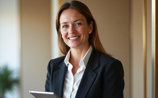 Portrait d'une styliste souriante, très élégante, tenant un carnet de notes dans un décor chic.