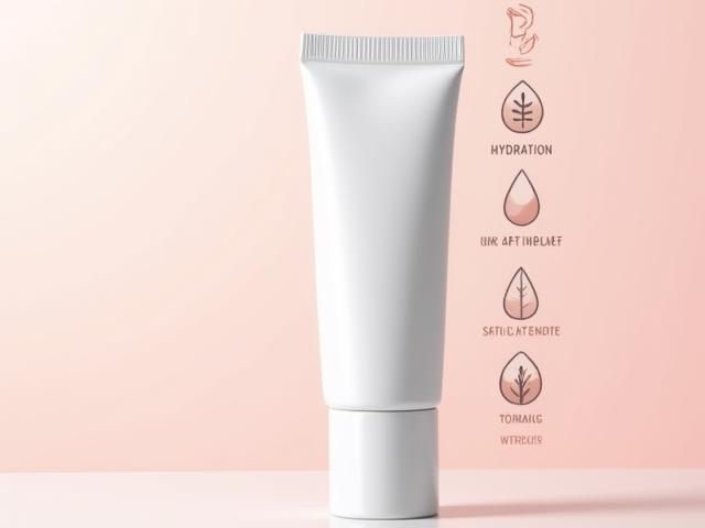 Tube d'une BB Crème de luxe sur un fond clair, avec des icônes représentant ses multiples fonctions.