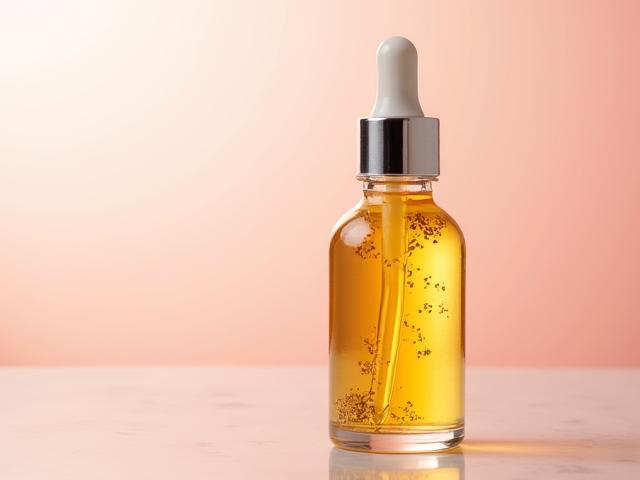 Bouteille d'huile sèche multi-usage avec des feuilles de thé et une pipette, évoquant le luxe et la polyvalence.