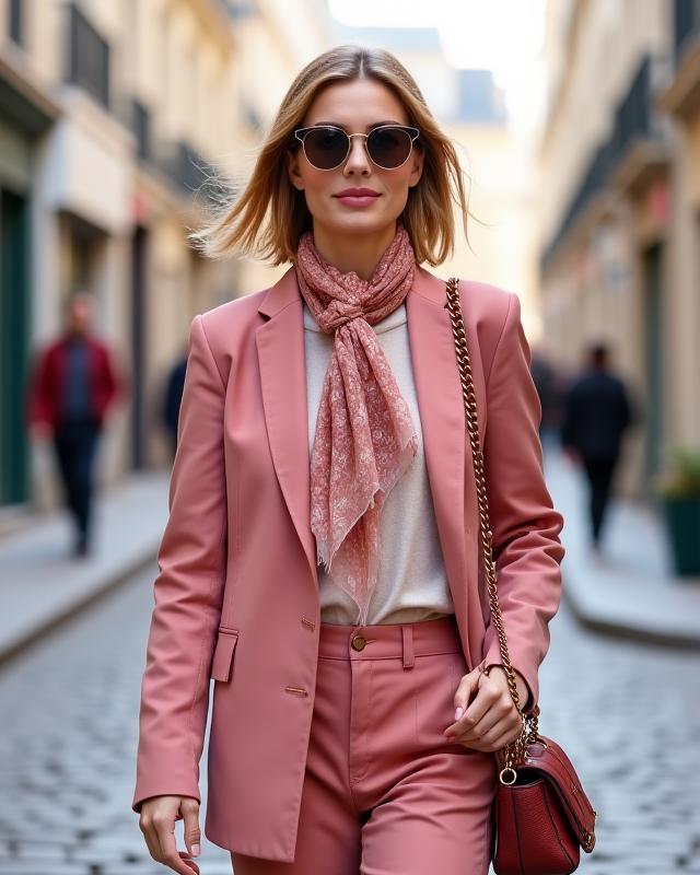 Femme chic et décontractée portant des lunettes de soleil tendance et un foulard en soie, se promenant dans le quartier du Marais à Paris